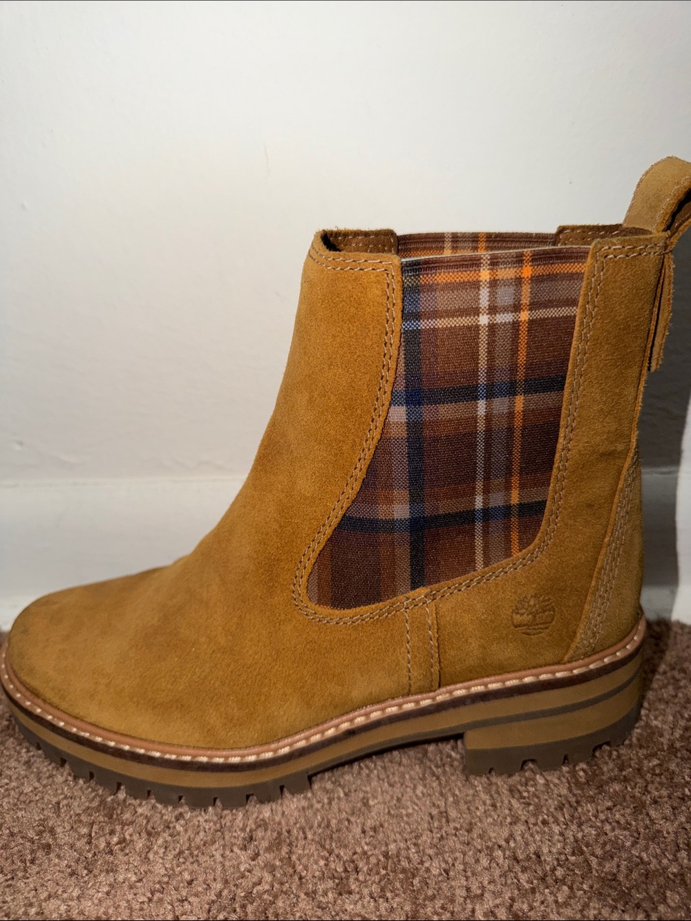 Timberland Tan Suede Chelsea Boot with Plaid Panel